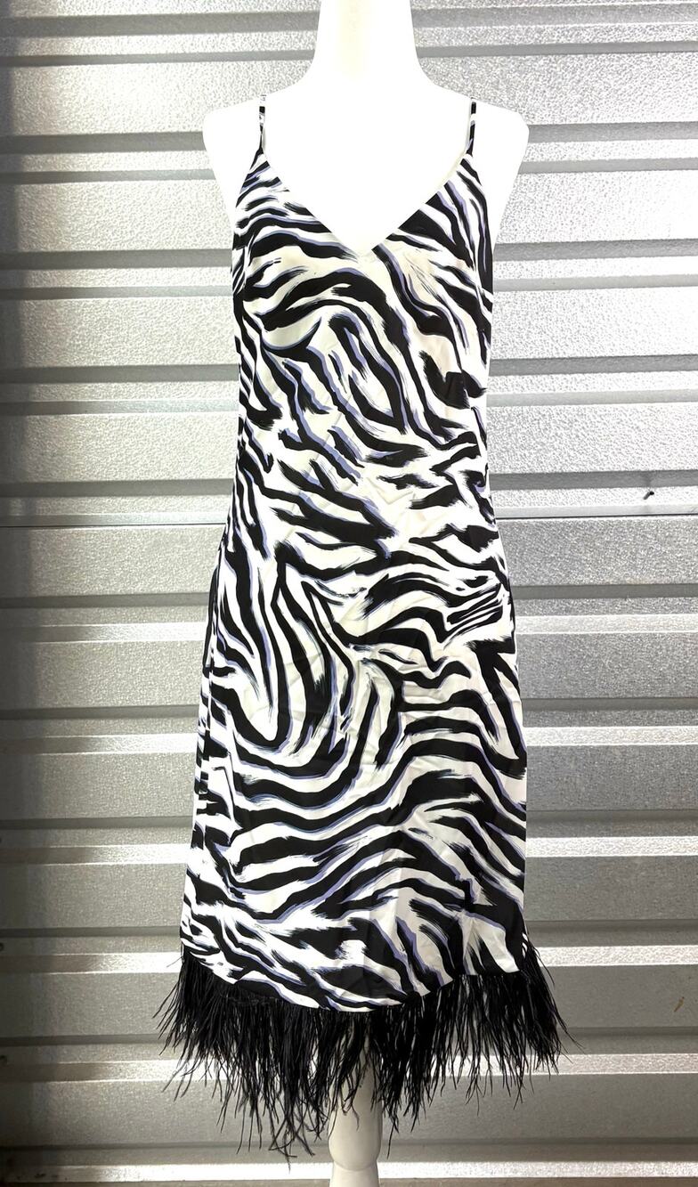 Le Superbe Zebra Stripe Slip Dress, Ostrich Feathers, Women's Size S